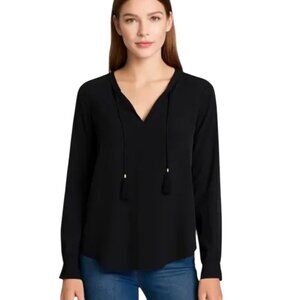 Joie Silk Poet Blouse Medium has Cords with Tassels at Keyhole Neckline Black